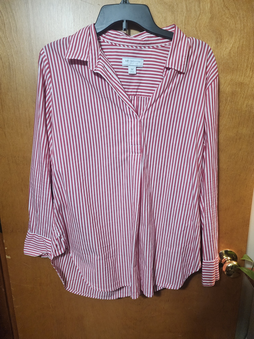 Liz Claiborne Red and White Striped Long Sleeve Poplin Tunic Shirt M